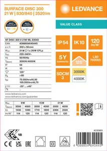 Pinta-asennusvalaisin Ledvance Surface Value - PINTA-ASENNUSVALAISIN LEDVANCE SF DISC 300 21W CCT ML IP54