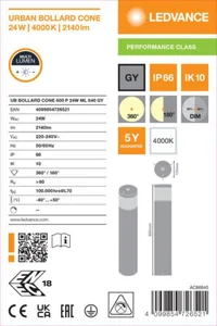 Pollarivalaisin Ledvance Urban Bollard - POLLARIVALAISIN URBAN BOLLARD UB CONE 24W 840 ML H600 IP66