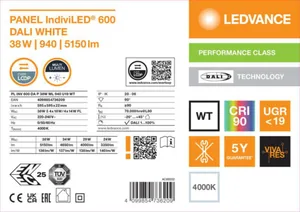 Moduulivalaisin Ledvance Panel IndiviLED® - MODUULIVALAISIN LEDVANCE PL INDV 600 38W 940 DALI WT