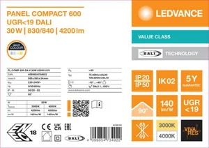 Moduulivalaisin Ledvance Panel Value - MODUULIVALAISIN PANEL VALUE PL COMP 600 30W 830840 MP DALI