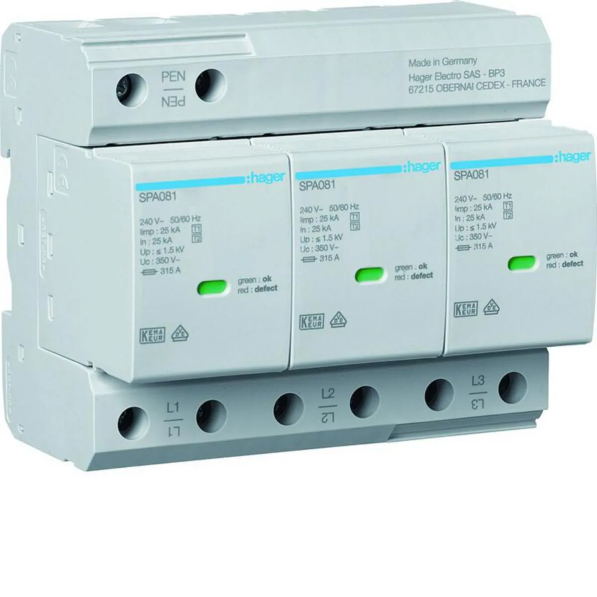 Ylijännitesuoja kiinteistö Hager - YLIJÄNNITESUOJA KIINT. HAGER SPA800 3N T1+T2 1.5KV 75KA HÄL