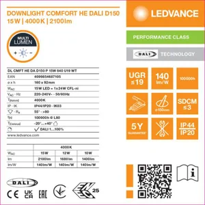 Alasvalo Ledvance Downlight Comfort - ALASVALO LEDVANCE DL HE D150 15W 840 UGR19 DALI