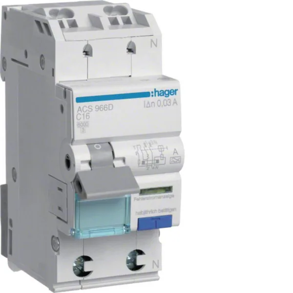 Vikavirtajohdonsuojakatkaisija Hager ACS966D 10mA A/2x16A C QC 6kA