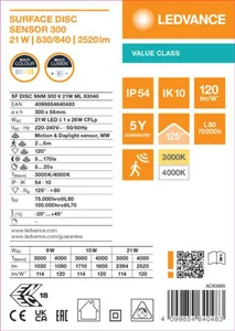 Pinta-asennusvalaisin Ledvance Surface Value - TUNNISTINVALAISIN LEDVANCE SF DISC 300 21W CCT ML RADAR