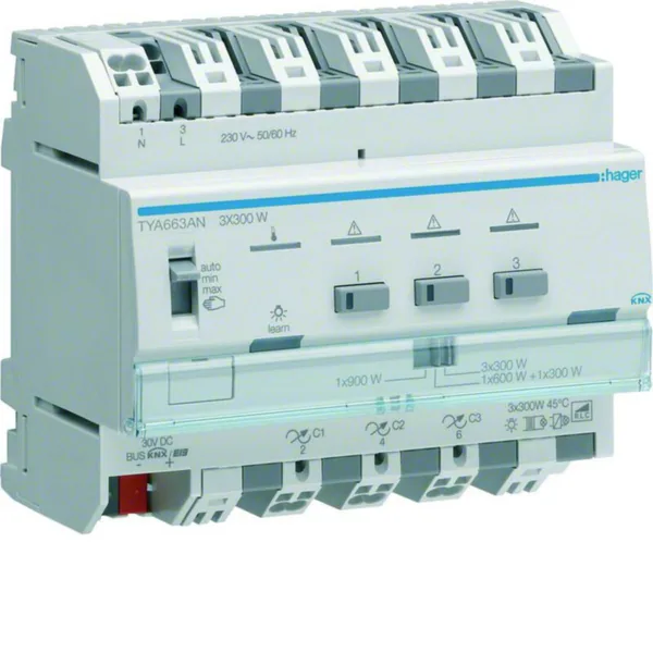 Valonsäädin KNX Hager KNX ETS TYA663AN 3X300W RLCPD T DIN