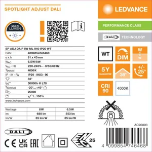 Alasvalo Ledvance Spot - ALASVALO LEDVANCE SP ADJ IP20 8W/940 DALI WT