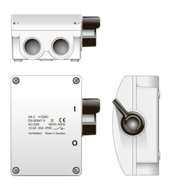 Turvakytkin vipu EMC Norwesco 16A/M25 ja 25A/M25, SA325H 3x25A+APUKOSK 11kW IP54