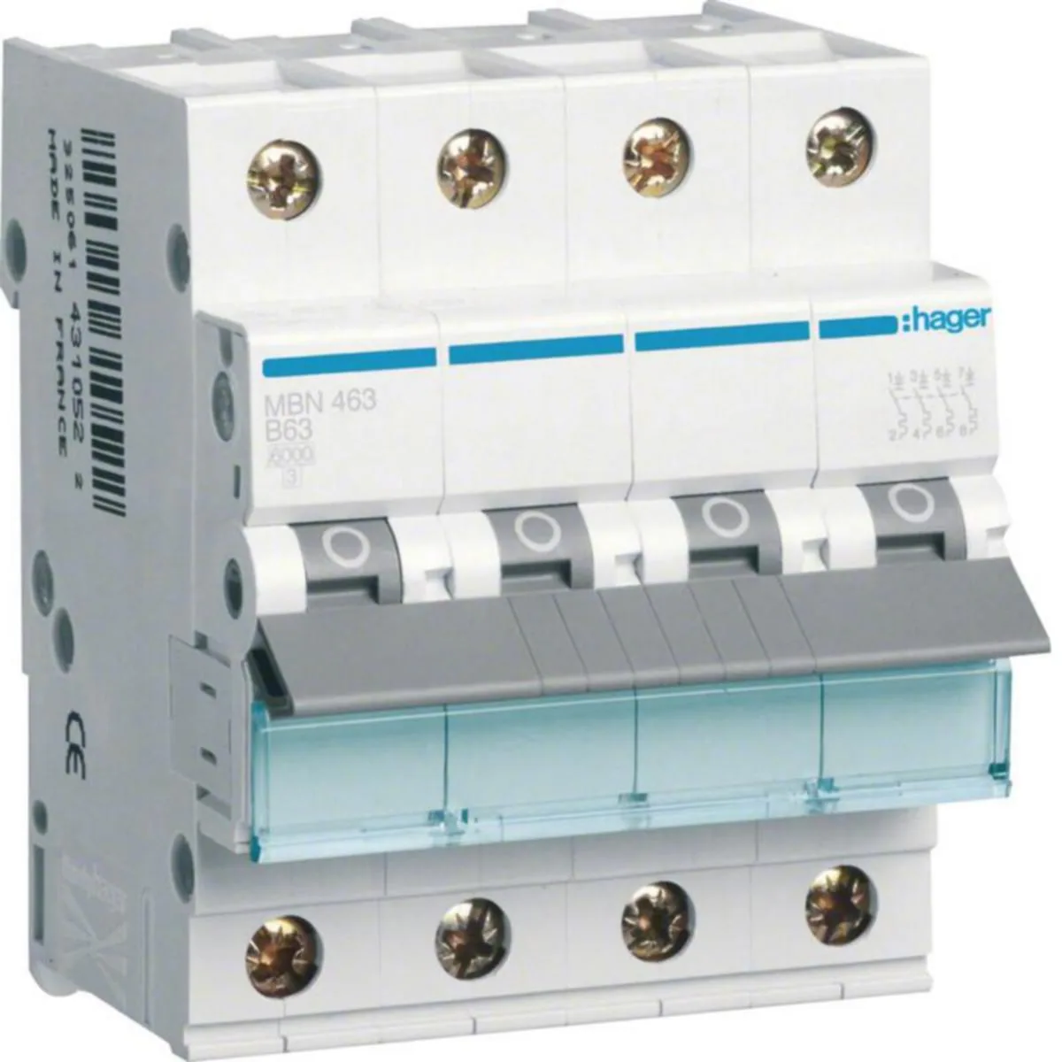 Johdonsuojakatkaisija Hager MBN B-käyrä 4-napainen, MBN463 4x63A B-KÄYRÄ 6kA