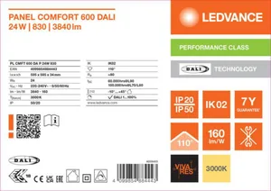 Moduulivalaisin Ledvance Panel PFM Comfort GEN2 600 - MODUULIVALAISIN PANEL PFM PL CMFT 600 24W 830 OP DALI