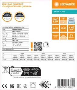 Syväsäteilijä Ledvance High Bay Value GEN2 - SYVÄSÄTEILIJÄ HIGH BAY VALUE HB COMP 120W CCT ML 110D IP65