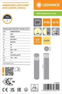 Pollarivalaisin Ledvance Urban Bollard - POLLARIVALAISIN URBAN BOLLARD UB CONE 24W 830 ML H600 IP66
