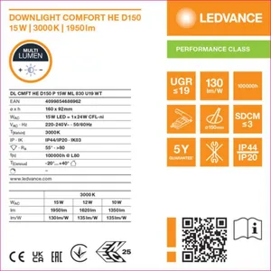 Alasvalo Ledvance Downlight Comfort - ALASVALO LEDVANCE DL HE D150 15W 830 ML UGR19