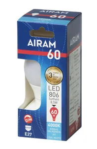 Vakiolamppu Airam Led A60 pahvipakkaus - VAKIOLAMPPU AIRAM LED A60 840 806lm E27 DIM OP