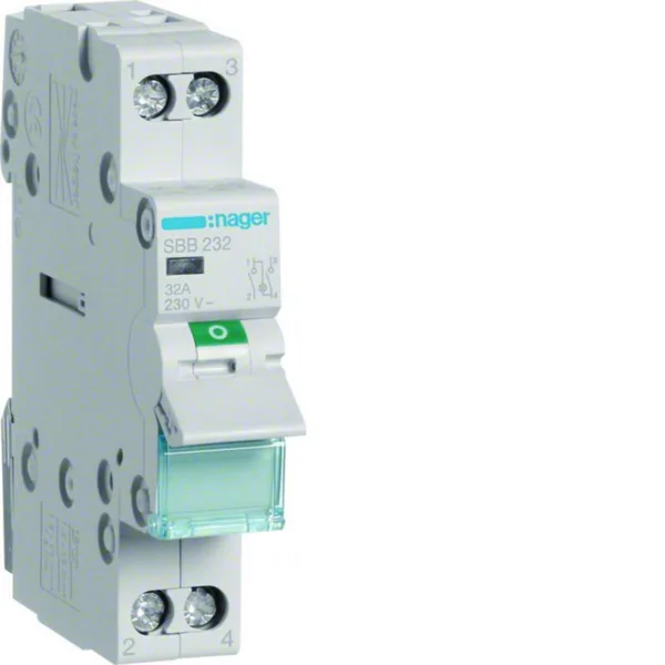 Modulaariset kuormankytkin Hager merkkivalolla 2-nap alal., SBB232 0-1 2N 32A 230VAC MV