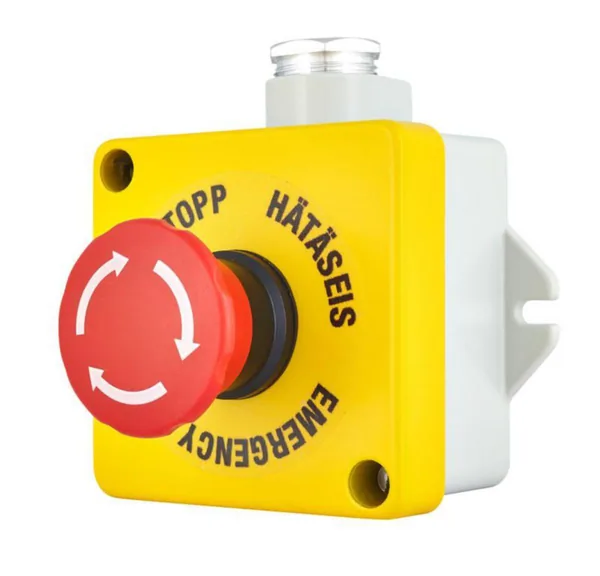 Hätä-/seis-painike Selcast 240VAC IP44/IP67 2S KELT/HARM TEKSTI PK16 IP67