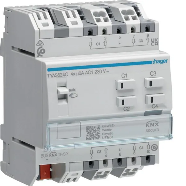 Lähtöyksikkö Hager KNX ETS TYA624C 4X6A 230VAC VS SEC DIN