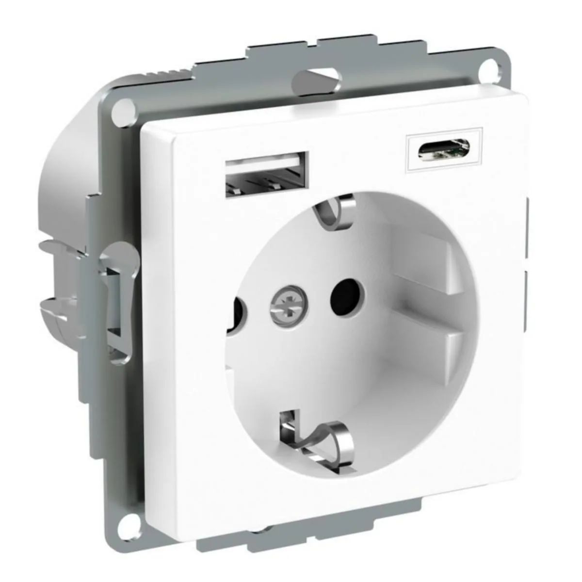 Pistorasia Schneider Electric Exxact 1-osainen + 2 x USB 1-PR 2XUSB LAT. A+C 3A VAL – valkoinen