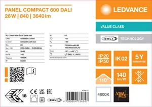 Moduulivalaisin Ledvance Panel Value - MODUULIVALAISIN PANEL VALUE PL COMP 600 26W 840 OP DALI