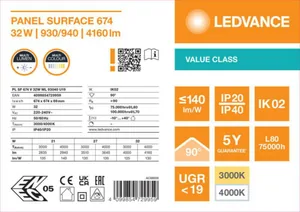 Pinta-asennusvalaisin Ledvance Panel Value - PINTA-ASENNUSVALAISIN LEDVANCE PL SF 600 32W CCT ML MP