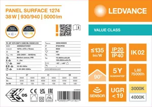 Pinta-asennusvalaisin Ledvance Panel Value - TUNNISTINVALAISIN LEDVANCE PL SF 1200 38W CCT ML MP PIR