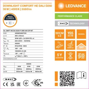 Alasvalo Ledvance Downlight Comfort - ALASVALO LEDVANCE DL HE D250 36W 840 OP DALI