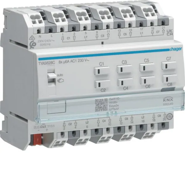 Lähtöyksikkö Hager KNX ETS TYA628C 8X6A 230VAC VS SEC DIN