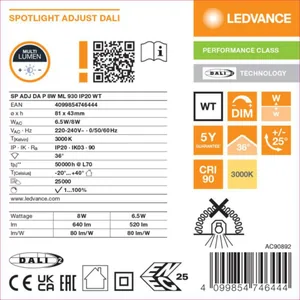 Alasvalo Ledvance Spot - ALASVALO LEDVANCE SP ADJ IP20 8W/930 DALI WT