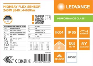 Syväsäteilijä Ledvance High Bay PFM Flex Sensor - SYVÄSÄTEILIJÄ HIGH BAY PFM HB FLEX 240W 840 35X80D ML PIR